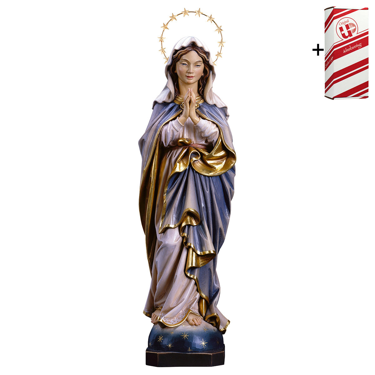 Madonna Immacolata Betend mit Schein 12 Sterne Messing + Geschenkbox