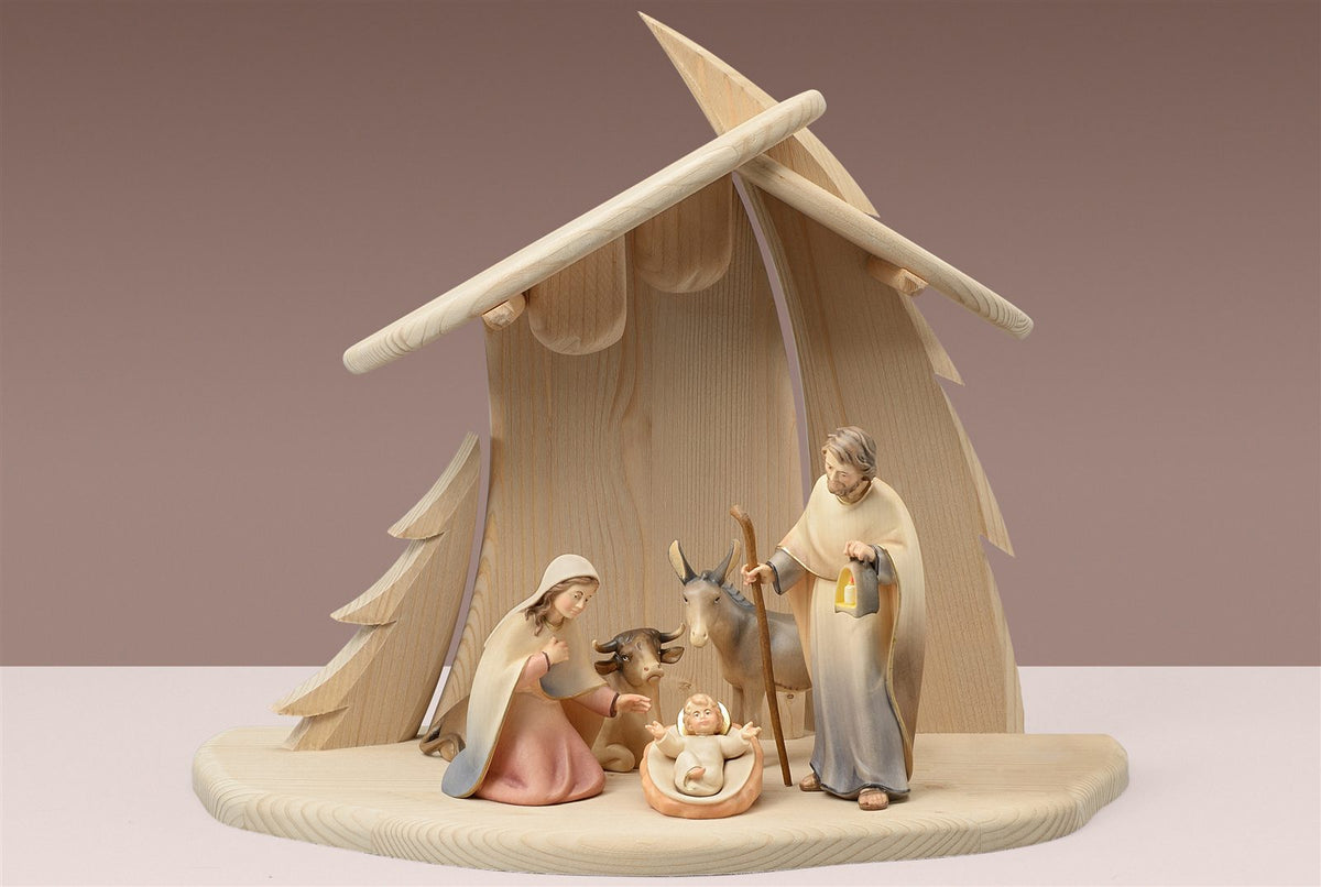 LI Stall Tannenbaum + 5 Figuren Licht Krippe