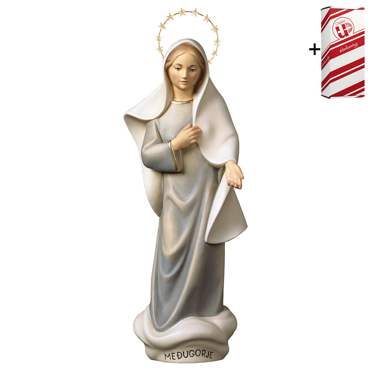 Madonna Medjugorje Modern mit Schein 12 Sterne Messing + Geschenkbox