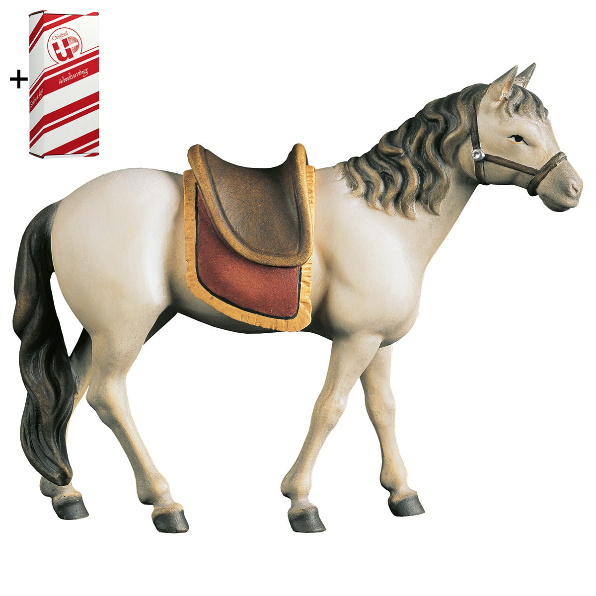 Pferd Schimmel mit Sattel + Geschenkbox