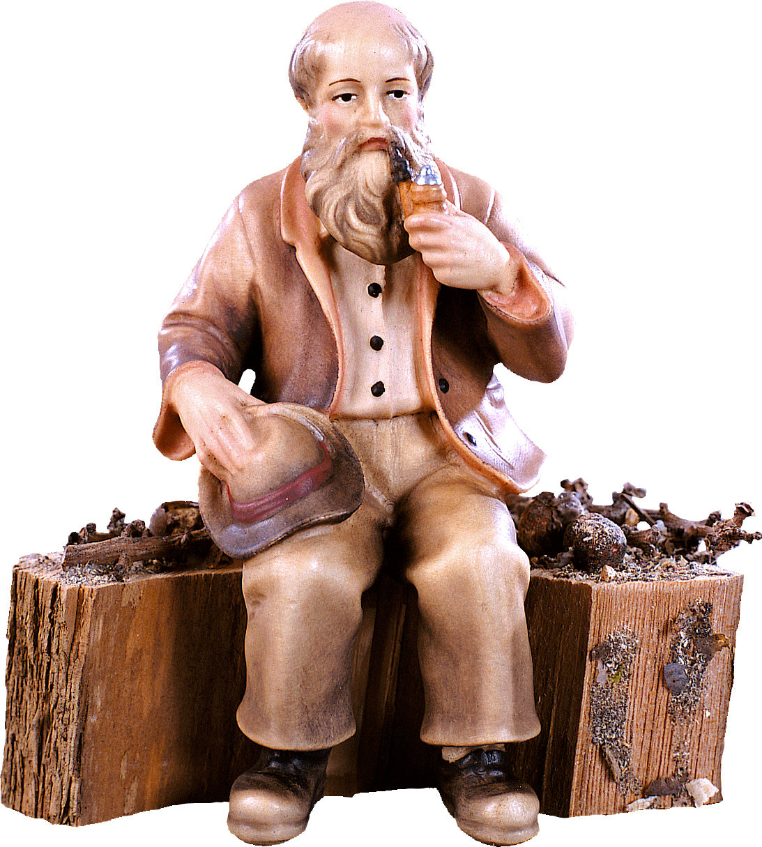 Opa auf Holzstamm für