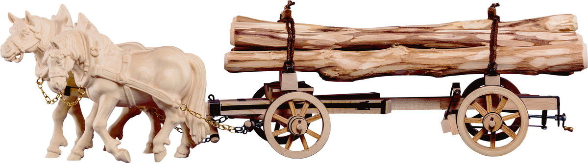 2 Zugpferde mit Holzwagen beschlagen