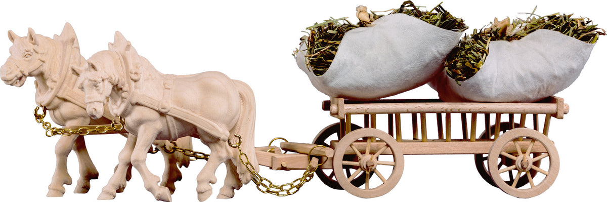 2 Zugpferde mit Leiterwagen und Heu