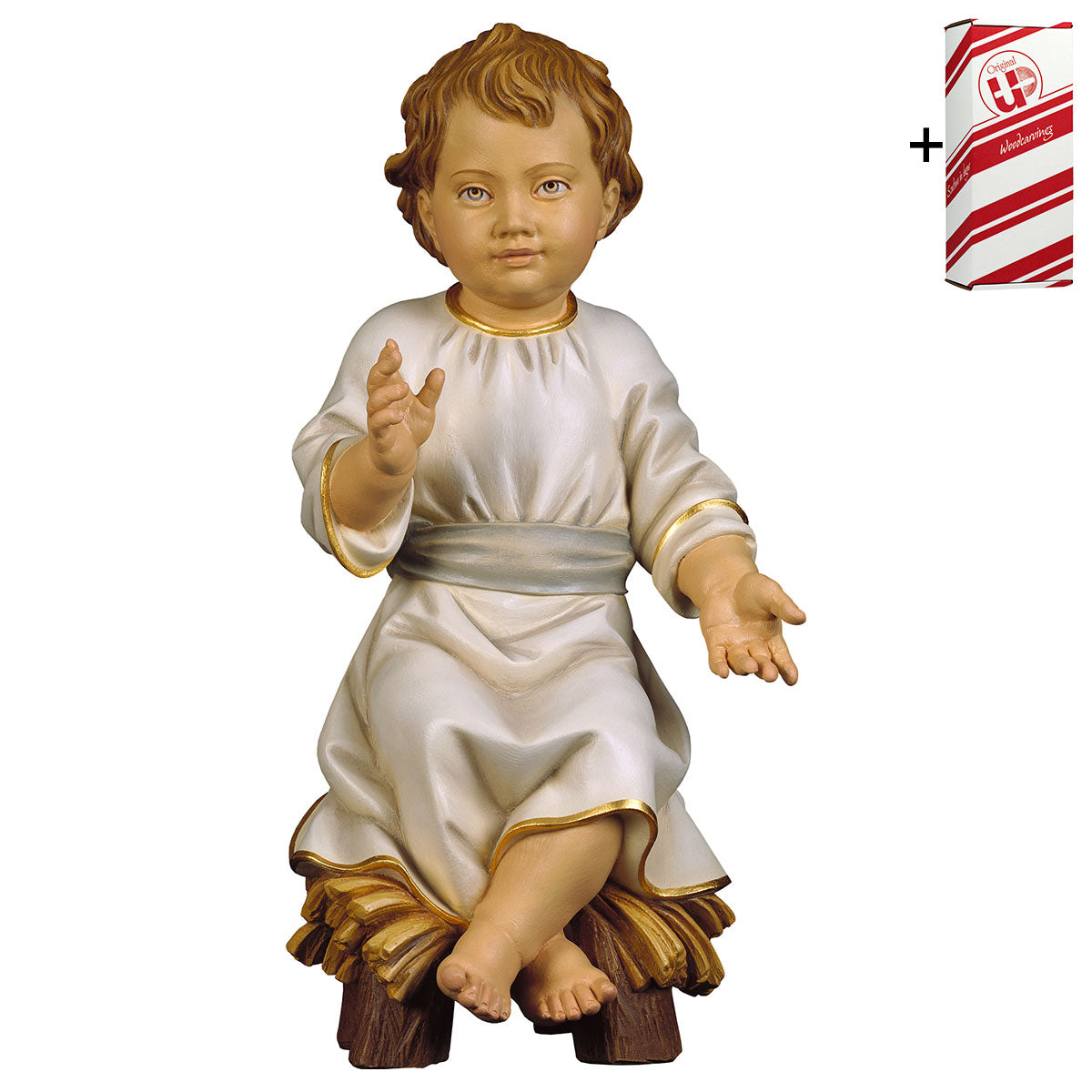 Jesukind sitzend auf Wiege + Geschenkbox