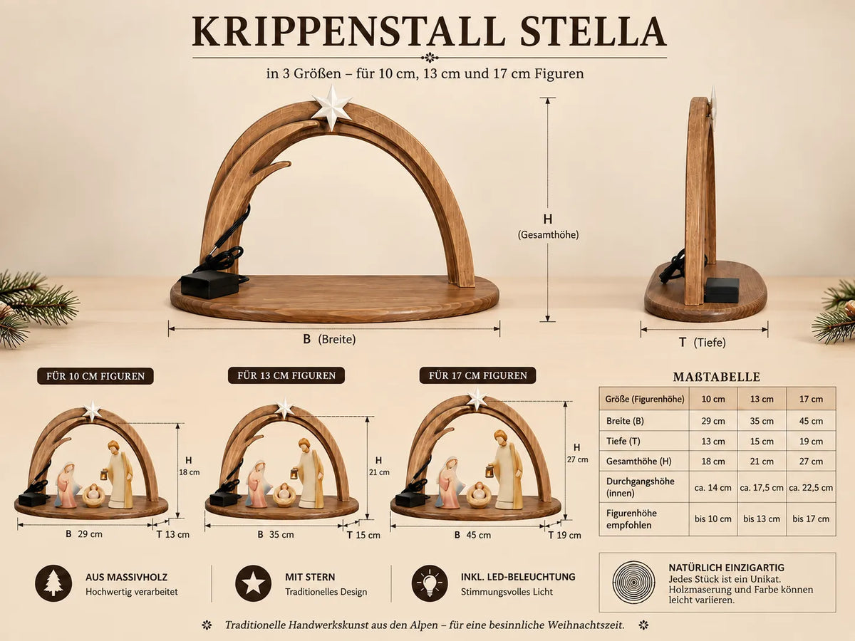 PEMA Krippenset Natur mit Stall – 7-teilig, mit LED-Beleuchtung