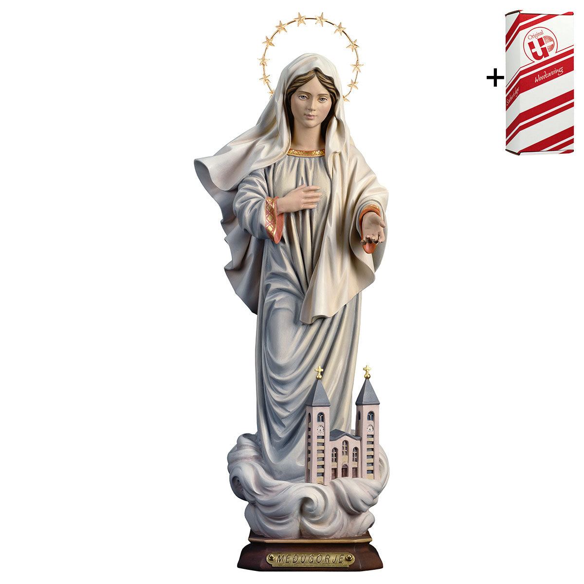 Madonna Medjugorje mit Kirche mit Schein 12 Sterne Messing + Geschenkbox