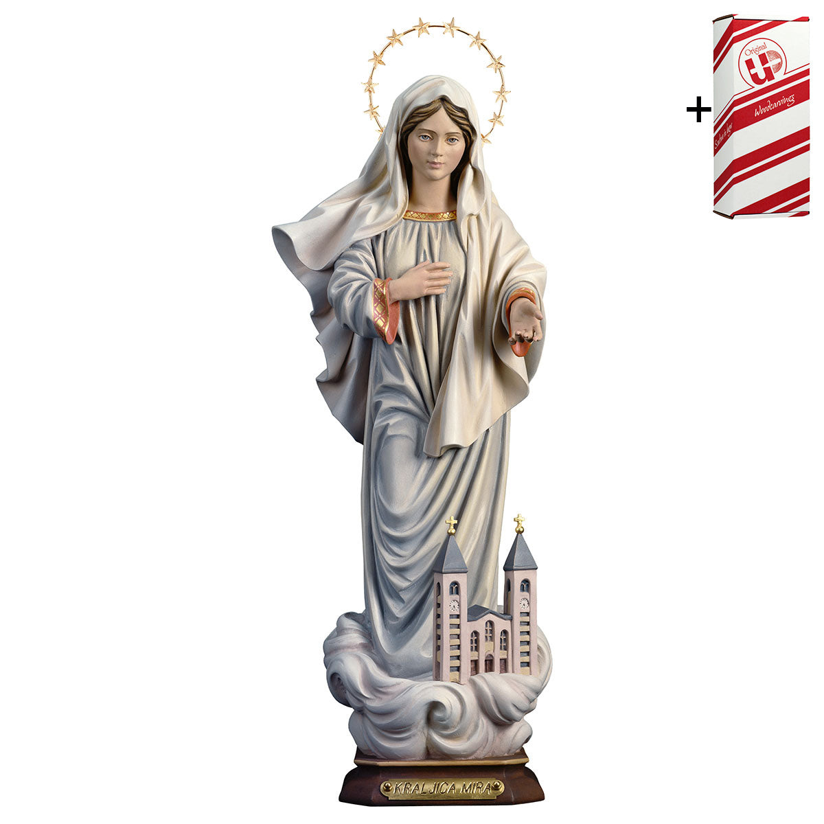 Kraljica Mira mit Kirche mit Schein 12 Sterne Messing + Geschenkbox
