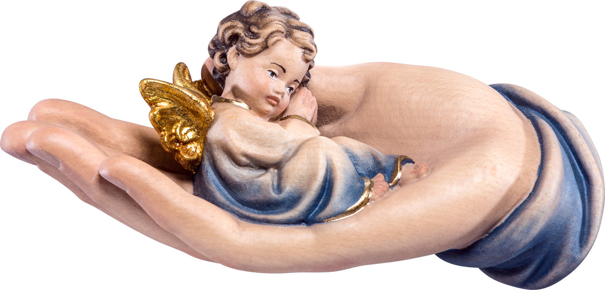 Schützende Hand liegend mit Engel blau