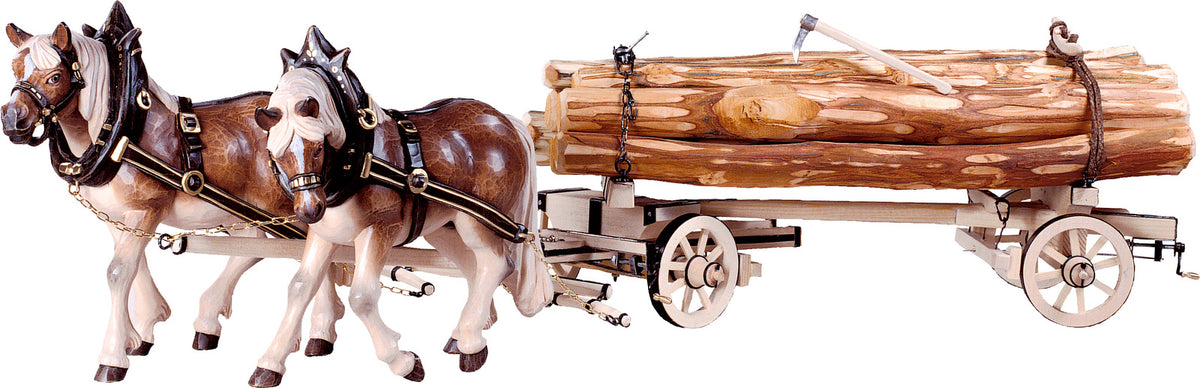 2 Zugpferde mit Holzwagen beschlagen