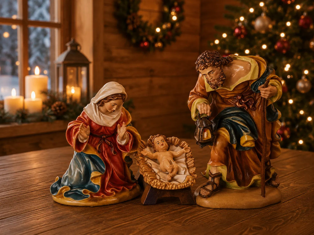 Barock_Krippe_Heilige_Familie_holzgeschnitzt_und handbemalt in weihnachtlicher Atmosphäre