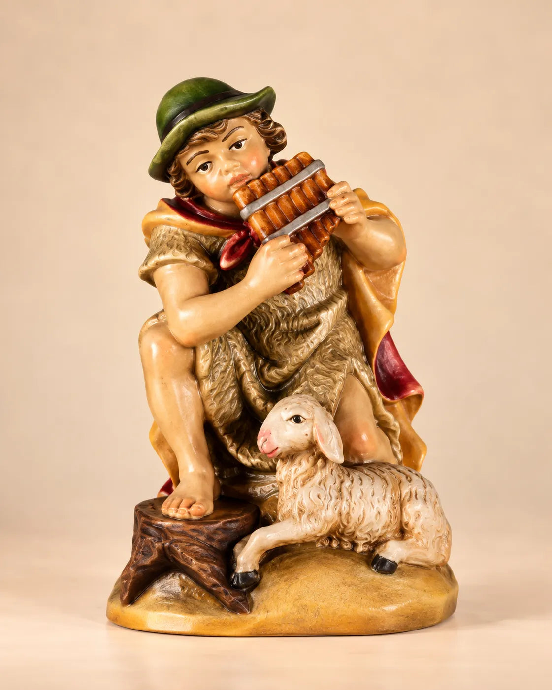 Barock Krippe Junge sitzend mit Panfloete holzgeschnitzt