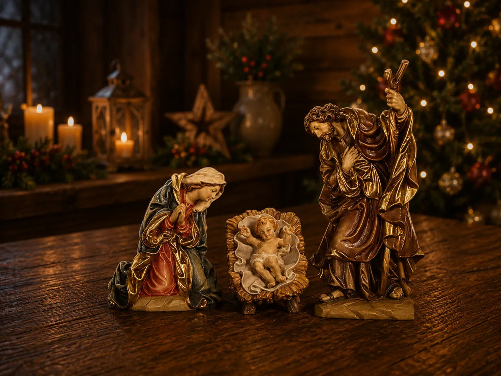 Karl_Demetz_Krippe_Heilige_Familie_holzgeschnitzt_und handbemalt weihnachtliche Atmosphäre