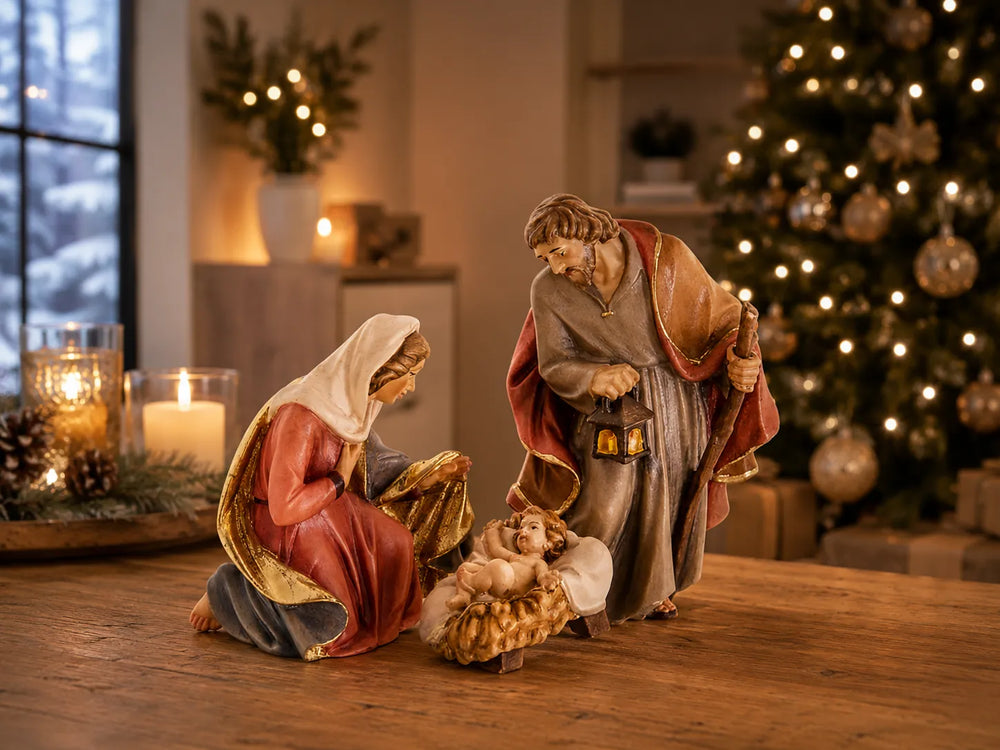 Nazarener_Krippe_LEPI_Heilige_Familie_holzgeschnitzt_und handbemalt weihnachtliche Stimmung