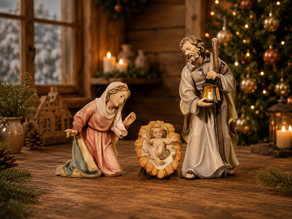 Simon Krippe Heilige Familie holzgeschnitzt und handbemalt weihnachtliche Szene