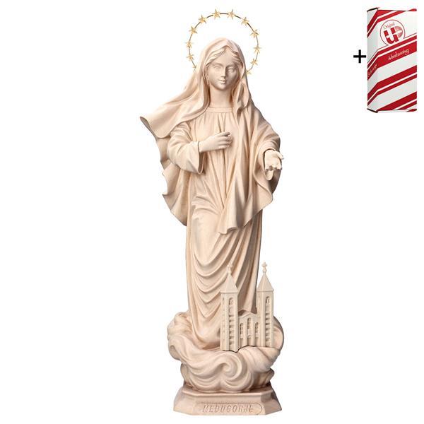 Madonna Medjugorje mit Kirche mit Schein 12 Sterne + Geschenkbox - natur